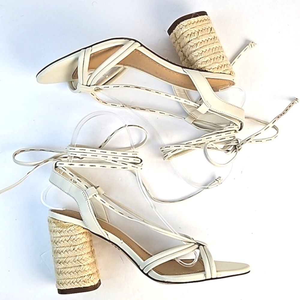 Gibson Latimer Tasha Sheep Leather Cream Open Toe Ankle Wrap Block Heel Sandal - Picture 12 of 16